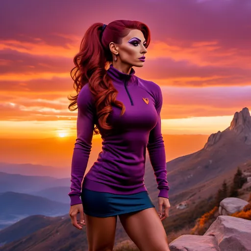 Prompt: Full body image of a beautiful, Tall, athletic Italuan drag queen bodybuilder with highlighted wavy dark red hair. Hair in a tighy ponytail.  Wearing a tight sweater and a short skirt.  Hiking on a mountain at sunset.