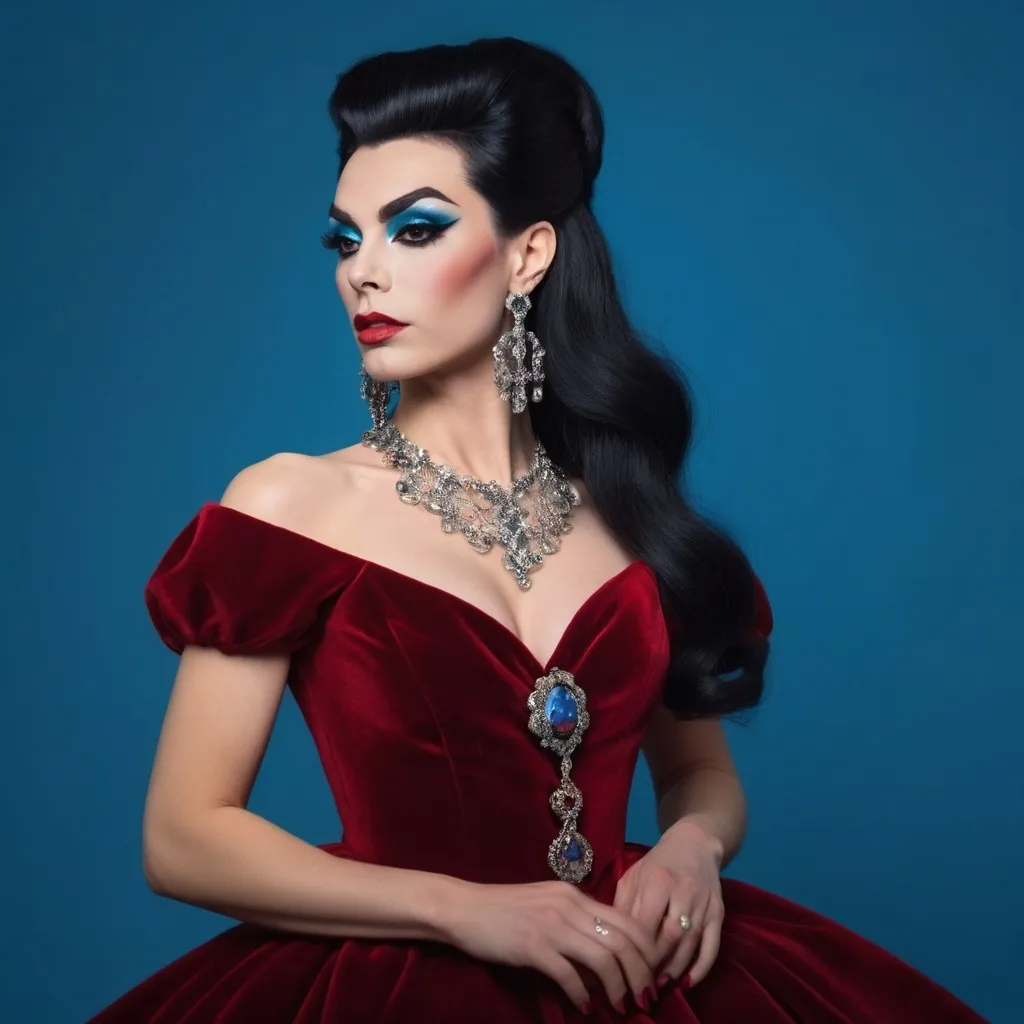 Prompt: a British drag queen (with very strong masculine jawline and brow facial features) with long shiny black hair wearing red velvet dress and earrings, posing for a picture with a blue background, Elina Karimova, rococo, elegance,  photorealistic