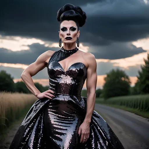 Prompt: Gorgeous muscular 35-year-old Czechian drag queen with long black flowing updo hair, dark eyeshadow and dark lipstick, long flowing sequined gown, romantic outdoor setting, dramatic sky, An ultra-realistic photograph captured with a Sony α7 III camera, equipped with an 85mm lens at F 1.2 aperture setting,  The image, shot in high resolution and a 16:9 aspect ratio, captures the subject’s natural beauty and personality with stunning realism –ar 16:9 –v 5.2 –style raw