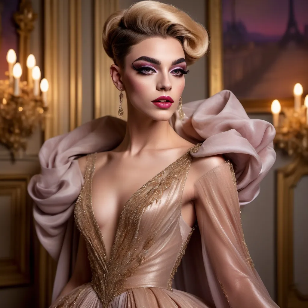Prompt: Elegant 19-year-old French drag queen (with strong masculine jawline and brow facial features), adorned in a flowing gown that sways gracefully, radiating poise and sophistication, set against a softly blurred opulent background filled with twilight colors, exuding an atmosphere of charm and allure, high fashion portrait, ultra-detailed, luxurious textures, warm golden lighting, capturing the essence of elegance in every detail.