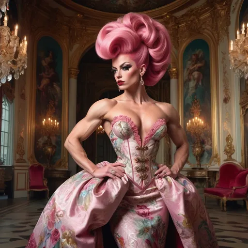 Prompt: Annalena Baerbock in Rokoko Style, the main subject is a gorgeous ultra-muscular 25-year-old Danish drag queen bodybuilder, She is seen in an opulent, Rococo-inspired mood painted by a blend of Artgerm and Rubens, breathtaking pink rokoko updo hair, wearing an elaborate dress in vibrant spring colors. She is made up with dark eyeshadow and dark red lipstick. The dress is rich in architectural details and voluminous, adding to the grandeur of the image. This portrayal is showcasing her in an indoor palace setting. The background is teeming with an abundance of intricate and ornate elements, further accentuating the luxurious ambiance. The description aims to convey the exceptional quality of the image, capturing the viewer's attention through its extraordinary attention to detail and the lavishness it exudes.