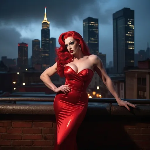 Prompt: ((In the style of film noir)) Jessica Rabbit live action played by a gorgeous ultra-muscular 35-year-old Polish drag queen bodybuilder, big busom, dressed in a sensual, form-fitting red gown, extremely long wavy red hair, illuminated by a dim streetlamp in a gritty, rain-soaked city. She leans against a vintage, black convertible, a cigarette holder delicately held between her fingers, the smoke enveloping her like a mysterious haze. In the background, shadows cast by towering skyscrapers create an ambiance of intrigue and danger.