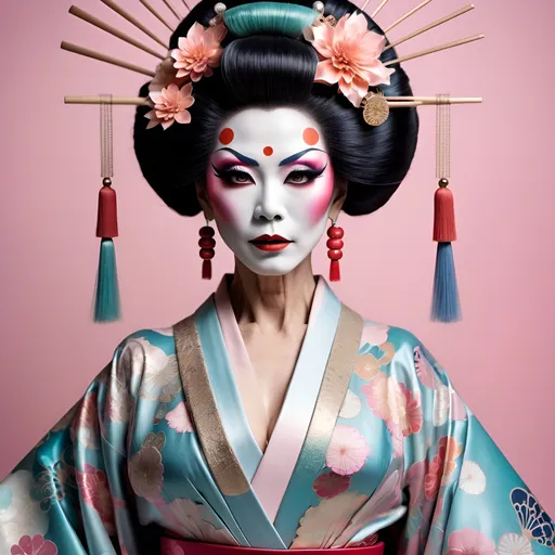 Prompt: Gorgeous muscular 55-year-old Japanese drag queen dressed up as a Avantgarde geisha, (innovative styling), pastel colors, intricate patterns, striking makeup, (dramatic hairstyles), seamless blend of tradition and modernity, (elegant pose), atmospheric background with abstract elements, captivating and surreal vibe, (highly detailed), enchanting yet edgy aesthetic, (4K quality), intriguing juxtaposition of vintage and contemporary.