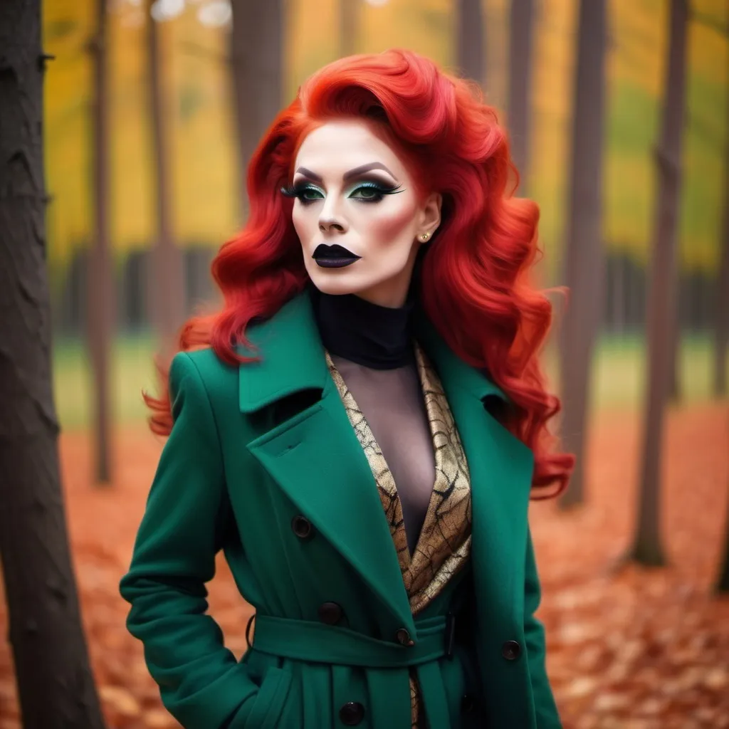 Prompt: Beautiful drag queen, bright red hair, in autumn forest in green long fashion coat, dark eyeshadow and dark lipstick,  very strong masculine jawline and brow,.