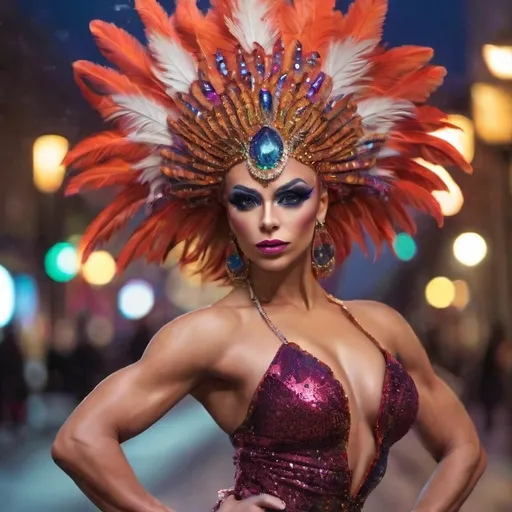 Prompt: a perfect image of a Gorgeous ultra-muscular 25-year-old Czechian drag queen bodybuilder dressed impeccably.