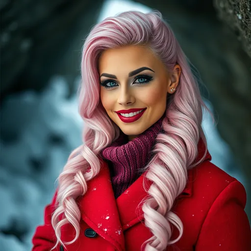 Prompt: professional portrait photograph of a gorgeous ultra-muscular 25-year-old Czechian drag queen bodybuilder in red winter clothing, long wavy stylish pink hair, flirty look, nice smile, dark eyeshadow, heavy mascara and dark red lipstick, wearing elegant warm winter fashion clothing, ((standing out side a frozen cave), hyper- realistic, detailed features, realistic lighting, high quality, realistic view,, elegant, realistic setting, professional, detailed, glamorous, actress, iconic, stunning modern urban environment, ultra realistic, concept art, elegant, highly detailed, intricate, sharp focus, depth of field, f/1. 8, 85mm, medium shot, mid shot, (((professionally color graded))), bright soft diffused light, (volumetric fog), trending on instagram, hdr 4k, 8k