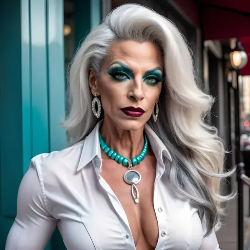 Prompt: Detailed full-body digital photograph of a Gorgeous ultra-muscular 45-year-old French drag queen bodybuilder, dark eye shadow and dark red lipstick,  high-street background, classy white button-up blouse, teal knee-length pencil skirt, 8 inch stiletto high heel shoes, ridiculously long straight shiny silver hair, choker necklace, detailed clothing, realistic, natural lighting.  Composition focus on legs.