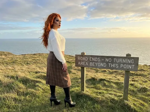 Prompt: Standing on a grassy knoll beside the sea, a muscular 35-year-old Japanese drag queen (with dark eyeshadow, dark red lipstick, dark red manicured fingernails and very long wavy burnt orange hair (blowing in the breeze)) gazes into the distance, framed by a calm coastal backdrop where the water meets the horizon under a partly cloudy sky. She wears a cozy white sweater and a brown plaid skirt, paired with black tights and 7 inch stiletto ankle boots, giving her a stylish yet relaxed appearance. Beside her, a sturdy sign clearly states, "ROAD ENDS - NO TURNING AREA BEYOND THIS POINT," emphasizing the remote and somewhat desolate nature of the location. The soft light of golden hour casts a gentle glow over the scene, reflecting off the water and creating a serene atmosphere that contrasts with the warning of the sign, hinting at a blend of beauty and caution in this quiet coastal retreat.. 