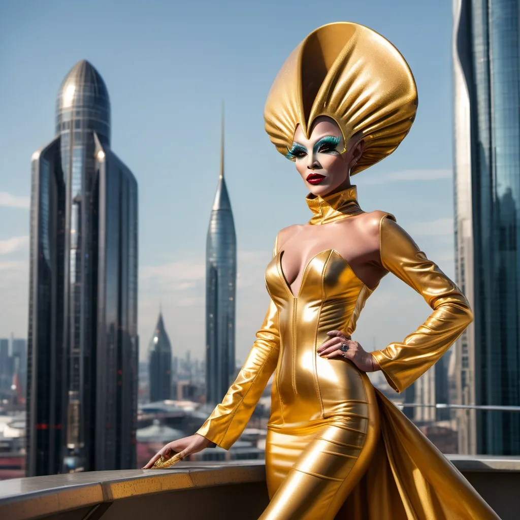 Prompt: Gorgeous alien drag queen wearing golden robes and 8 inch stiletto high heels. Posing with a futuristic city background.