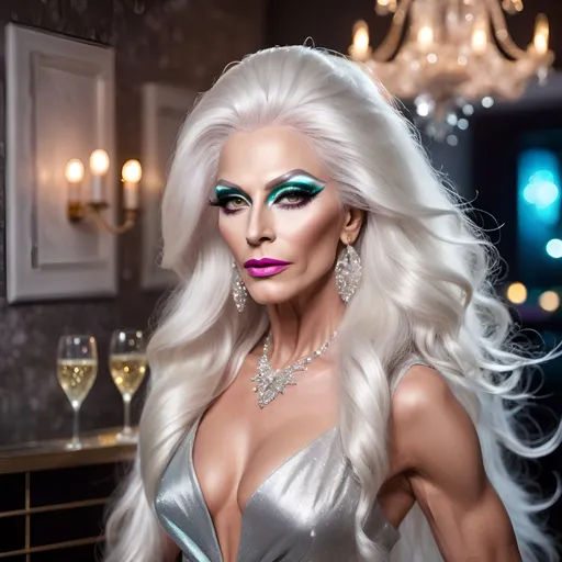 Prompt: Gorgeous muscular 45-year-old Russian drag queen with very long stylish white hair, very strong masculine jawline and brow,  wearing a Prosecco dress, (sparkling elegance), voluminous silk fabric, glistening bubbles embedded, (feminine silhouette), romantic flow, neon colors with vivid highlights, shimmering under gentle light, (high fashion), luxurious atmosphere, celebratory mood, whimsical elegance, surrounded by a stylish garden setting, ultra-detailed, 4K quality.