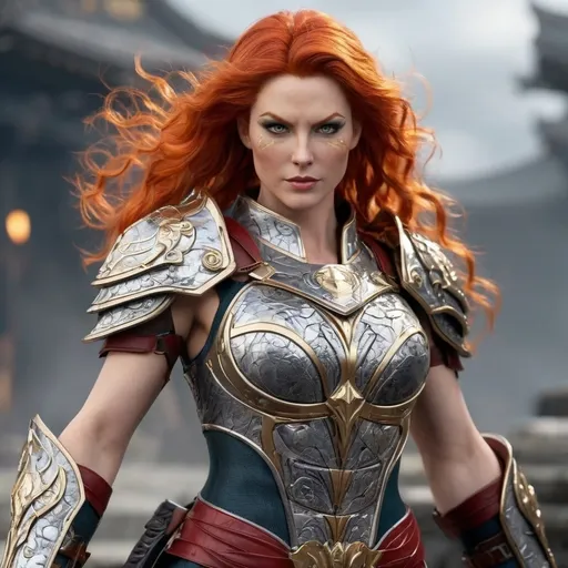 Prompt: A  beautiful, muscular, massively strong, 35-year-old flaming red-haired drag queen warrior cyborg, bearing visible battle scars and marks of past villainy, now subtly overlaid with symbols of heroism and snakes, signifying rebirth and transformation.  This character embodies a superhero and a redeemed former villain, exuding an aura of powerful resolve and hard-earned redemption, standing heroically amidst a stormy battlefield, with red lightning illuminating the intricately etched fractal designs on the battle-scarred armor. Her armor, a hybrid of Damascus steel and fractal art, shimmers with a mystical energy, the fractal patterns seamlessly merging with the Damascus steel's distinctive water-like texture.  Her piercing, intense eyes reflect focused determination. Snakes are integral to the design: subtle serpent tattoos coil around muscular arms and legs, and snake motifs are etched into the armor and weaponry. A massive, fractal-designed sword with Damascus steel accents completes the character's imposing and heroic presence.  The image is ultra-high definition, with sharp focus on the intricate details, realistic textures, and natural lighting.  The style is hyperrealistic, avoiding anime or comic book aesthetics. Focus on a grounded, realistic portrayal of the character and the environment.