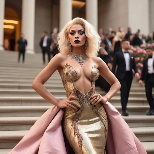Prompt: High resolution (8K or UHD), soft natural lighting, and realistic depth of field "shot on a Sony A7R IV, 50mm f/1.8 lens, ISO 100 Glamour photography of stunningly Gorgeous, very muscular, suntanned, 21-year-old, suntanned, Greek drag queen (with masculine jawline and brow facial features, dark lipstick, big busom, platinum blonde hair) on the Met Gala steps in New York wearing designer gold and pink gown with long train, intricate details, glitter and jewels, posed 3/4 turn standing, flirty expression, in the style of Guy Aroch

