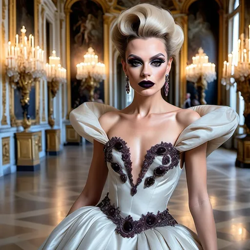 Prompt: Design a modern glamorous wedding dress worn by a real life gorgeous German drag queen ((strong masculine jawline and brow features)) model dress to be daring and glamorous and elegant, dark eye makeup, dark lipstick.  Posing in the Palace of Versailles.