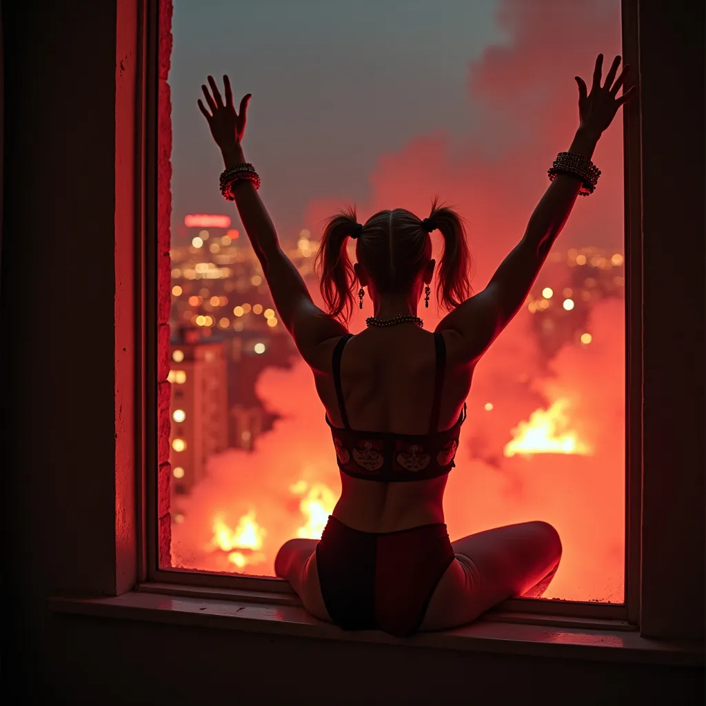 Prompt: Drag queen Harley Quinn perched on a window, hands in the air in triumph, gazing into a fiery cityscape, flames illuminated against a dark sky, dramatic tones, vivid reds and oranges, smoke swirling in the air, high detail, moody atmosphere, urban environment, nighttime, powerful contrast, cinematic lighting, ultra-detailed, surreal and intense emotional vibe.