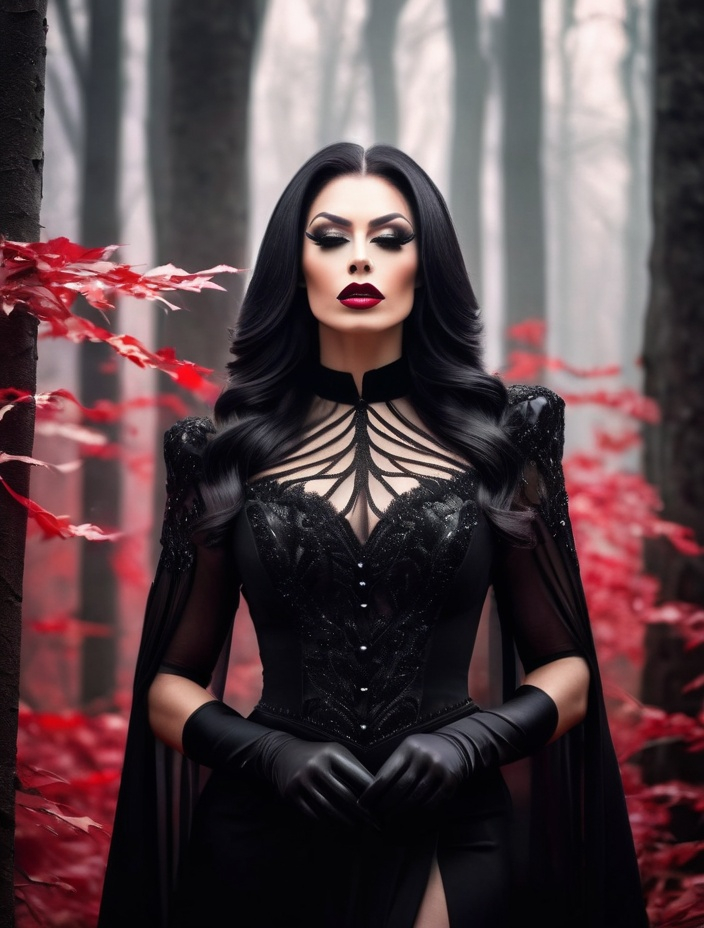 Prompt: Gorgeous muscular 25-year-old Czechian drag queen bodybuilder, beautiful face, wearing a hauntingly beautiful black dress, heavy mascara,  dark red lipstick, a ghostly forest of white trees with red leaves background, god rays through the trees, rim lighting, foggy bleak mood art by Rebeca Saray, Michael Creese, Frank Cadogan Cowper, Yves Saint-Laurent, Thomas Edwin Mostyn, Hiro isono, James Wilson Morrice, Axel Scheffler, Gerhard Richter, pol Ledent, Robert Ryman. Guache Impasto and volumetric lighting. Mixed media, elegant, intricate, beautiful, award winning, fantastic view, 4K 3D, high definition, hdr, focused,