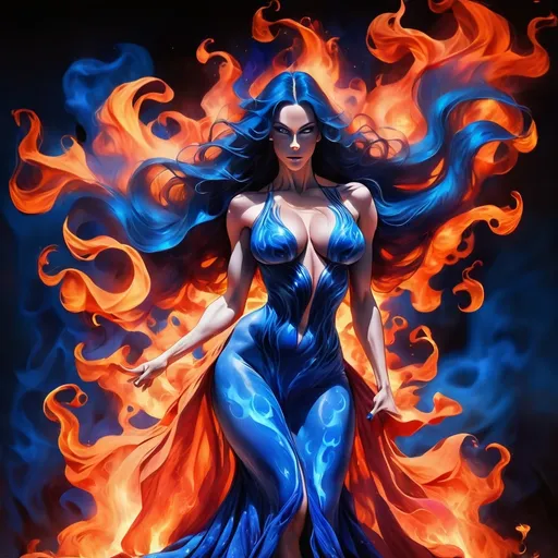 Prompt: Gorgeous ultra-muscular 25-year-old Swedish drag queen bodybuilder dancing on blue flame, silhouette, lava, long flowing blue flame gown, huge busom, long wavy fiery hair, long muscular legs, very muscular dancing female, mystical background,