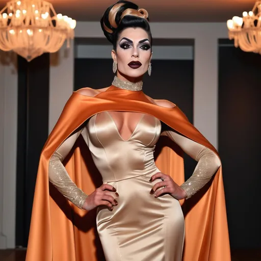 Prompt: The photo shows a gorgeous muscular 30-year-old Turkish drag queen bodybuilder (masculine jawline and brow) with dark eyeshadow, dark lipstick, and long dark orange updo hair, wearing a floor-length A-line gown, featuring a beige or champagne-colored satin top with long, wide sleeves that extend almost to the floor, creating a cape-like effect. The skirt of the dress is adorned with a vibrant, artistic print depicting a landscape of teal and blue mountains in a style reminiscent of traditional Chinese ink wash painting. There are also what appear to be stylized Chinese seals or stamps incorporated into the design. The skirt has a subtle ruffled or tiered detailing at the hem. The neckline is high and closed, in a style similar to a mandarin collar.

The Setting: The background is a simple, solid dark red, which gives the gown and the model a striking contrast and prominence.

