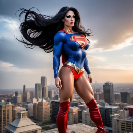 Prompt: Gorgeous muscular 35-year-old Romanian drag bodybuilder with long flowing wavy black hair (((blowing in the wind))), large busom, dressed as Supergirl (((DC Comics Character))), 8 inch stiletto high heel boots, standing on a gargoyle looking down on Metropolis at dusk. Cape blowing in the wind.