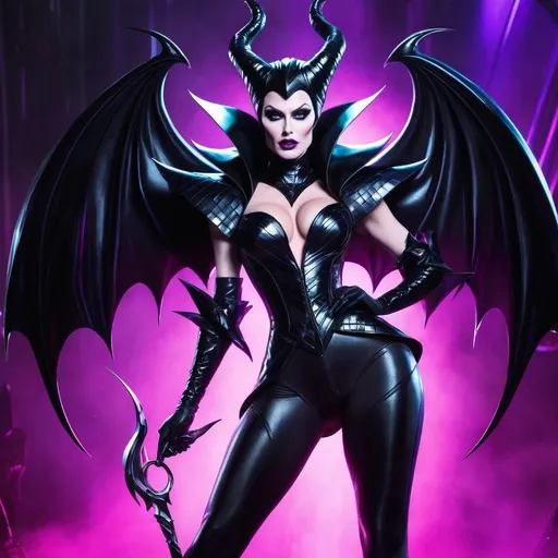 Prompt: Gorgeous muscular cyberpunk drag queen (Disney's) Maleficent, great legs, crystal high heels,  dark lipstick.