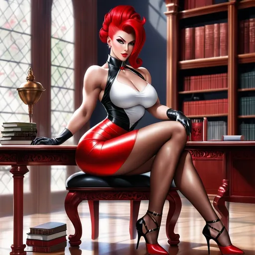 Prompt: UltraMuscular beautiful 20 year old goddess bodybuilder with red updo hair and in a librarian outfit with 8 inch stiletto heels sitting on the table with legs crossed