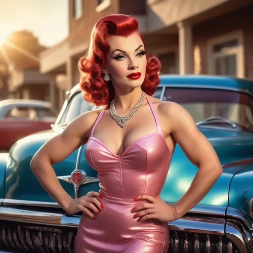 Prompt: photorealistic, (hyperrealistic) portrait of a 50s pinup drag queen bodybuilder model (strong masculine jawline and brow features), posing alluringly by a classic vintage 50s car, vibrant colors, warm sunlight illuminating her radiant skin, nostalgic ambiance, vintage pin-up poster style, high-quality, detailed textures, retro fashion style, captivating smile, glossy finish, soft focus on the background to highlight the model and car, creating a timeless nostalgic feel.