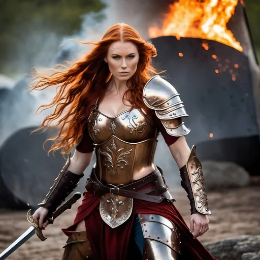 Prompt: Gorgeous ultra-muscular 25-year-old Finnish goddess with huge busom and ridiculously long wavy fiery red hair, dressed as a warrior princess in complete bronze armor and a gleeming steel longsword in the midst of a bloody and fiery battle.