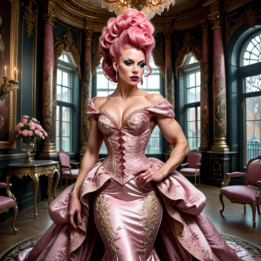 Prompt: Annalena Baerbock in Rokoko Style, the main subject is a gorgeous ultra-muscular 25-year-old Danish drag queen bodybuilder, She is seen in an opulent, Rococo-inspired mood painted by a blend of Artgerm and Rubens, breathtaking pink rokoko updo hair, wearing an elaborate dress in vibrant spring colors. She is made up with dark eyeshadow and dark red lipstick. The dress is rich in architectural details and voluminous, adding to the grandeur of the image. This portrayal is showcasing her in an indoor palace setting. The background is teeming with an abundance of intricate and ornate elements, further accentuating the luxurious ambiance. The description aims to convey the exceptional quality of the image, capturing the viewer's attention through its extraordinary attention to detail and the lavishness it exudes.