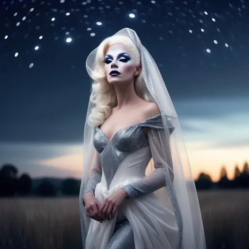 Prompt: (beautiful white Swedish drag queen) walking gracefully under a starlit sky, (melancholic mood), deep indigo and shimmering silver tones, soft ethereal glow, a delicate veil of night softly surrounding her, gentle whispers of a cool breeze, capturing a moment of quiet elegance, (highly detailed), enchanting landscape in the background, timeless and romantic atmosphere.