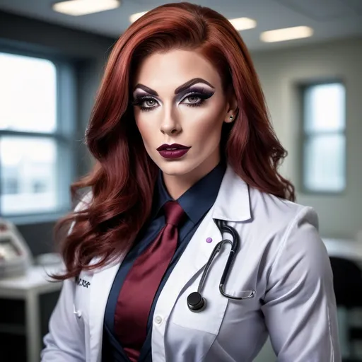 Prompt: Gorgeous muscular 25-year-old  British drag queen (masculine facial features) doctor with auburn hair, dark eyeshadow,  dark red lipstick, big busom, photorealistic picture, detailed facial features, doctor outfit, hospital background, confident expression, intelligent gaze, high quality, professional lighting