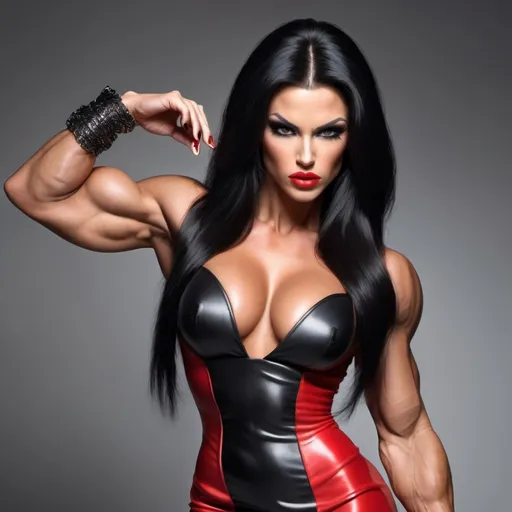 Prompt: Gorgeous ultra-muscular 25-year-old Swedish goddess bodybuilder with huge busom and ridiculously long straight shiny black hair wearing a gaudy Gianni Versace designed dress and 8 inch stiletto high heel shoes, with smoky eye shadow and mascara and light red lipstick.