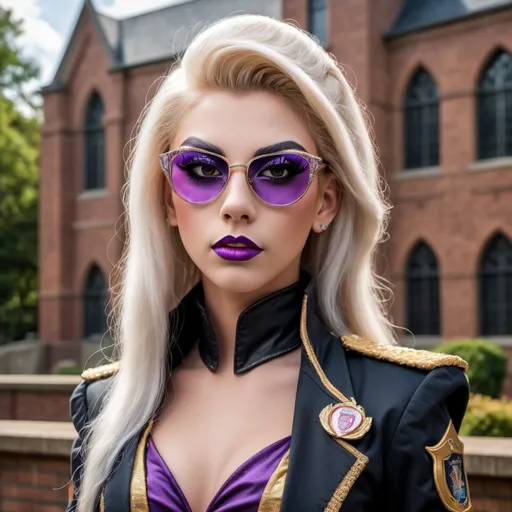 Prompt: Create a highly detailed AI defined image of a highly attractive "girl next door look" young adult drag queen (with very masculine jawline and brow facial features) college student in a fantasy uniform, large busom, wearing sunglasses, inspiring lustful uniform, classic dark makeup, at a unique fantasy school, 

wide landscape lense, ISO 500, Aperture f/22, APS-C, Splash art, dark fantasy art, stunning bokeh, cinematic lighting and scale, super detailed, 64k, high quality perfect lighting, perfect shadows.