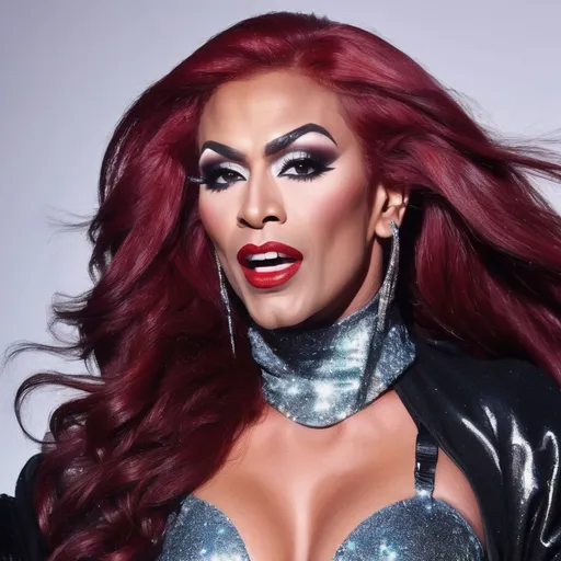 Prompt: Gorgeous muscular 35-year-old superstar drag queen (strong masculine jawline and brow features) with long flowing bright red hair, dark eyeshadow, and dark red lipstick. Glittery sparkly knee-high sliver high heel boots.  Singing at a big concert 