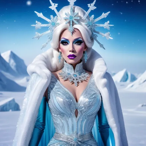 Prompt: The most beautiful drag queen on the Planet Hoth wearing the traditional Hoth dress.