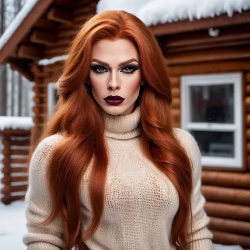 Prompt: Extremely beautiful, muscular 25-year-old Russian drag queen, detailed extremely long ginger hair, flawless skin, dark eye makeup, dark lipstick, detailed eyes, natural beauty, strong masculine jawline, form-fitting seasonal sweater, cozy modern log cabin interior background, winter season, realistic professional photography, high quality, detailed, realistic, cozy, ginger, long hair, flawless skin, candid moment, modern log cabin, seasonal sweater, detailed eyes, natural beauty, professional photography, winter season, cozy lighting