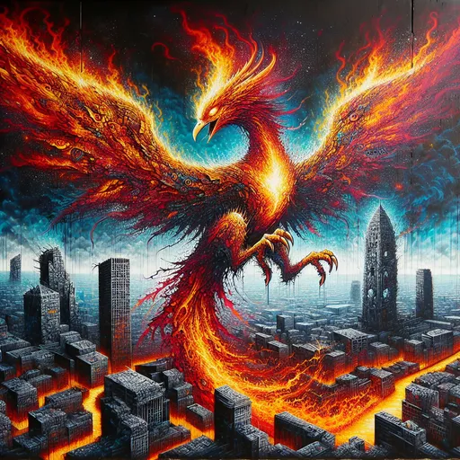 Prompt: Graffiti, splatter painting of a burning city destroyeds by a burning horror Phoenix