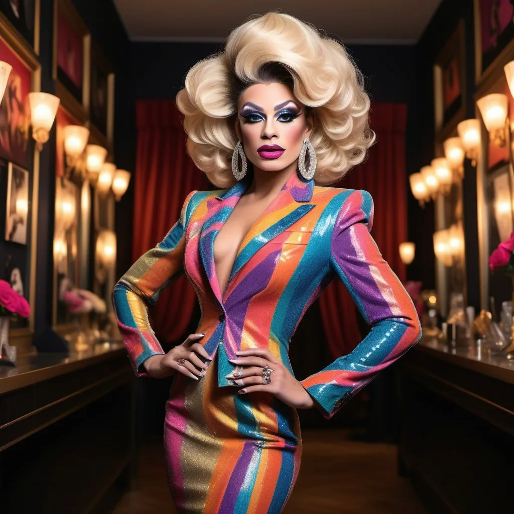 Prompt: The most beautiful masculine 25-year-old, fit, French drag queen ever. Wearing a gorgeous ensemble of men's and women's clothing with 8 inch stiletto high heel shoes.