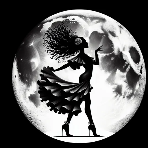 Prompt: Dancing on the moon, silhouette, 30 year old muscular goddess, long muscular legs, ridiculously long flowing hair, 8 inch stiletto high heel shoes, flamenco dress, earth background, dancing ON, the moon, Earth background, ultra-detailed.