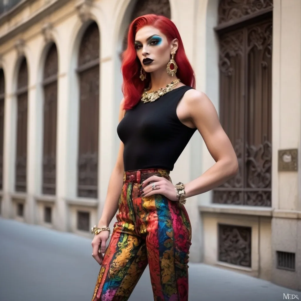 Prompt: Location: Random
Clothing: Random colorful Dolce & Gabbana outfits
Hair color: Random 
Hair length: Random

Gorgeous muscular 18-year-old French drag queen bodybuilder (strong masculine jawline and brow facial features), big busom, dark eye makeup, dark lipstick, 8 inch stiletto high heel shoes. 