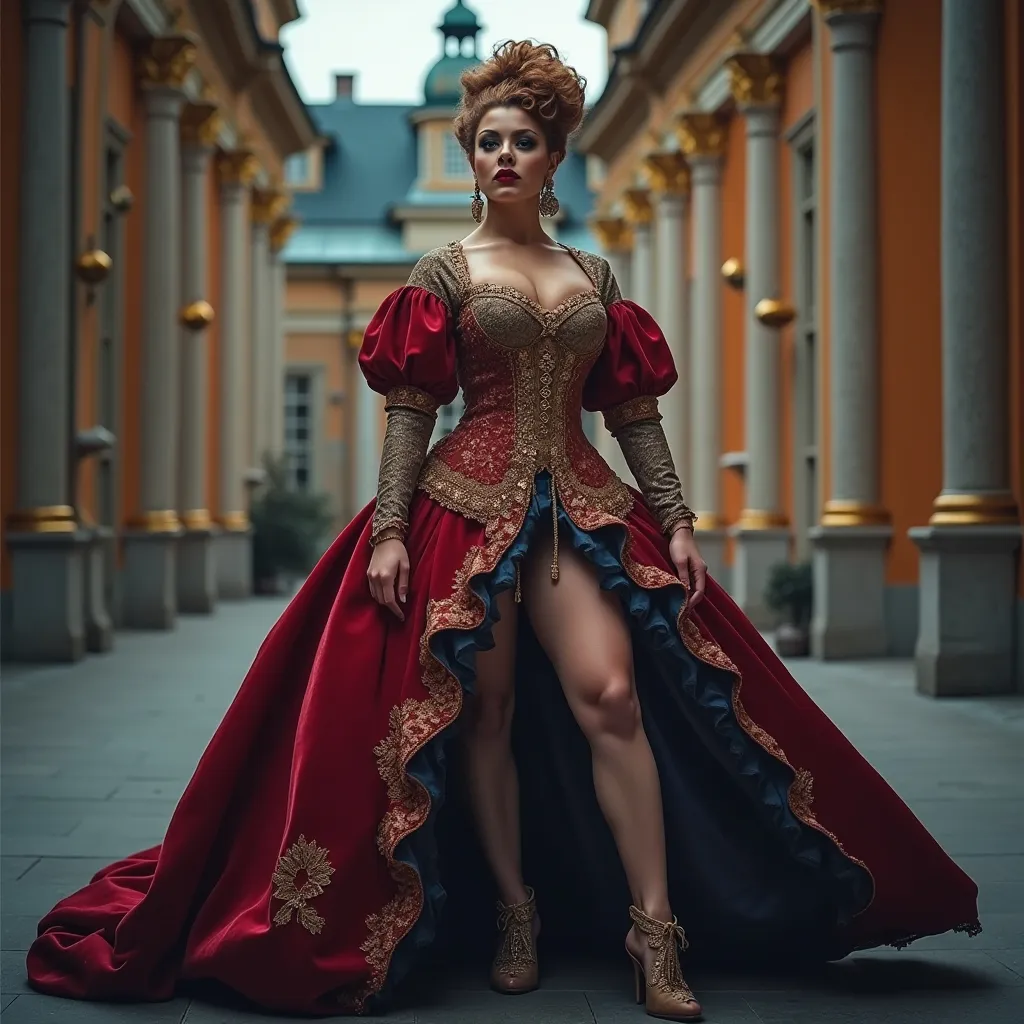 Prompt: Gorgeous ultra-muscular 25-year-old Czechian drag queen bodybuilder (French Revolution 1789), (historic attire), elegant gown with intricate lace, 8 inch stiletto high heel colonial shoes, powdered wig, dark eyeshadow, heavy mascara, and dark red lipstick, (dramatic atmosphere), (rich colors), vivid reds, deep blues, and gold accents, (historical setting), a grand palace courtyard, opulent architecture, (cinematic lighting), moody and intense, (4K), ultra-detailed visuals.