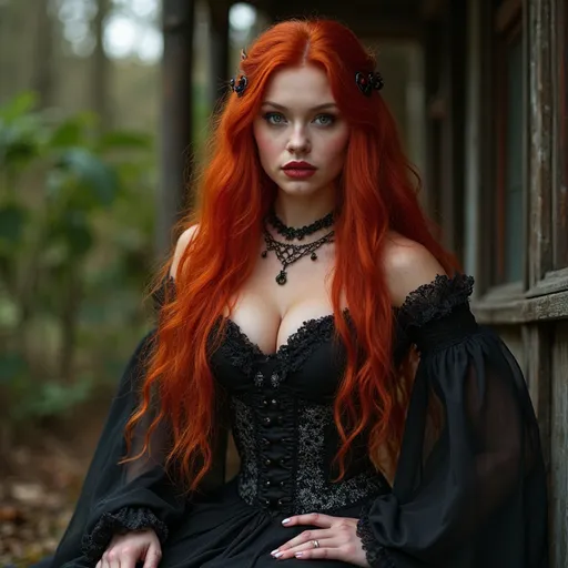 Prompt: Gorgeous ultra-muscular 25-year-old Czechian drag queen bodybuilder witch, deep gray eyes, deep look, very long red hair, light contrast, baroque intricate portrait, young female witch sitting in her garden house.