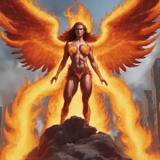 Prompt:  a flaming phoenix hovers overtop a 25-year-old muscular goddess. The 25-year-old goddess has clothes made of flames from the Phoenix and looks like a phoenix as a 25-year-old goddess. Full length. Muscular. Large busom.