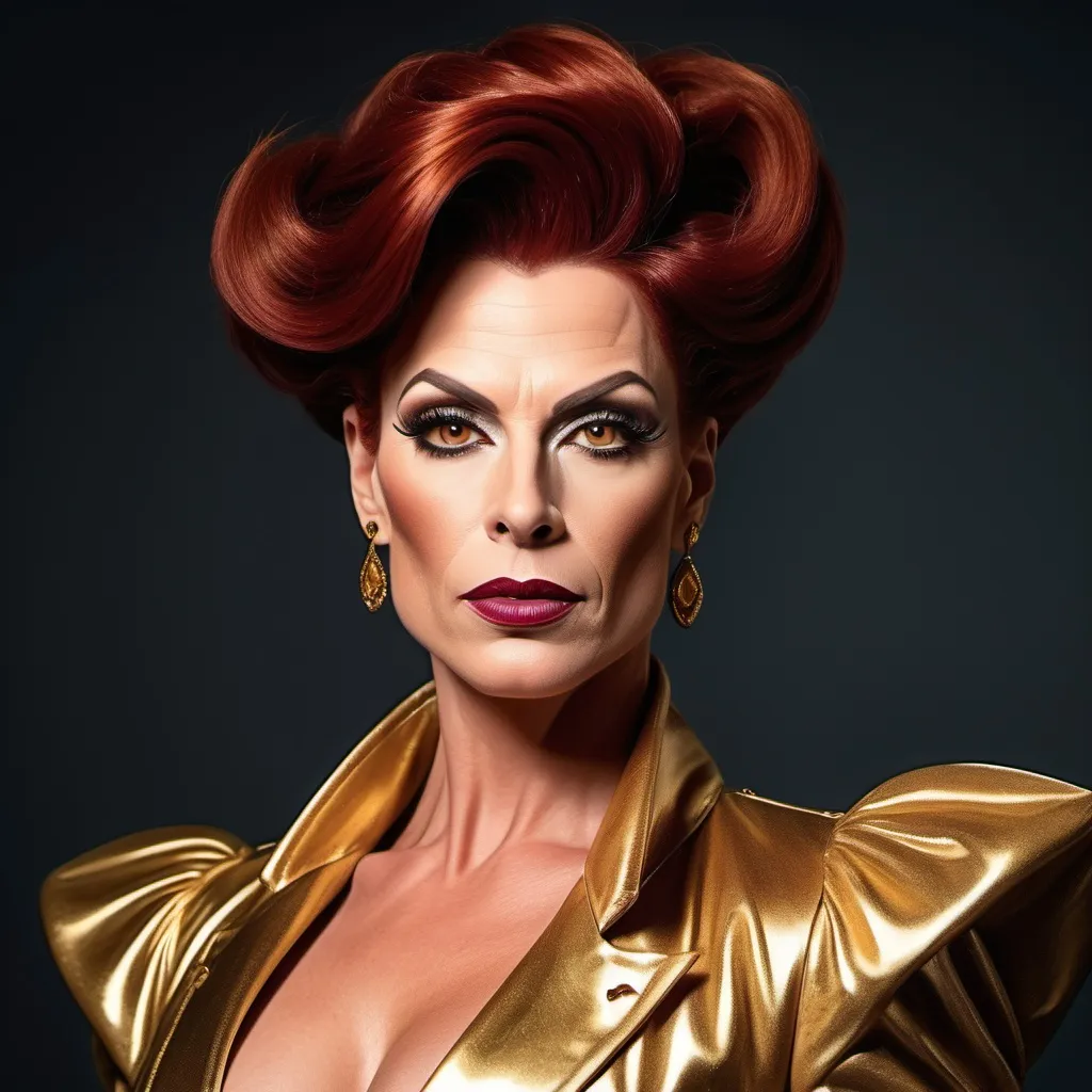 Prompt: "A gorgeous muscular German drag queen in her late thirties with striking dark red hair and light brown eyes that shimmer with a golden hue. She has a sharp, regal face and an air of authority. Known as the 'Golden Dutchess,' she is tall and muscular, exuding confidence and refinement. Dressed in a tailored noble coat with intricate detailing, she stands in a grand hall, her demeanor poised yet guarded, hinting at a troubled past beneath her polished exterior."