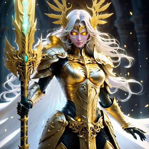 Prompt: DnD style Aasimar with golden mask, sword, and shield, glowing golden eyes, intricate gold details, high quality, fantasy, detailed armor, radiant lighting, heroic pose, divine aura, female, Full Mask