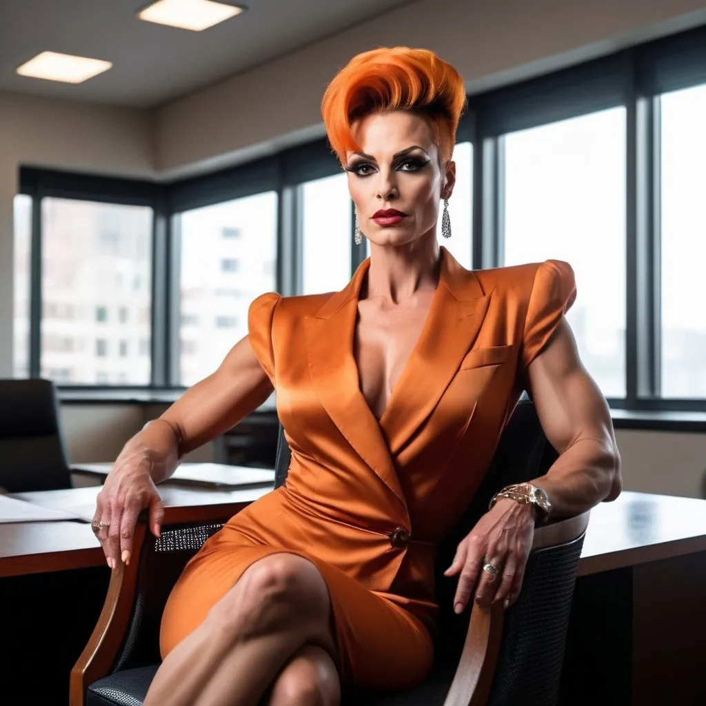 Prompt: A gorgeous muscular 35-year-old Hungarian drag queen (with strong masculine jawline and brow facial features) bodybuilder sitting in a guest chair in a company director's office. She is tall and muscular with  dark orange updo hair that cascades elegantly over her shoulders. Her eyes are sharp and piercing, radiating intelligence and mystery. Vermouth maintains a graceful posture, exuding confidence and poise as she sits in the chair. She is dressed in a sophisticated and fashionable outfit, perhaps a sleek dress or stylish pantsuit that accentuates her figure. In her hand, she holds a cigarette, adding a touch of allure and danger to her persona.