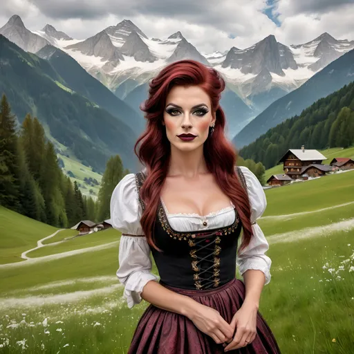 Prompt: Gorgeous muscular 25-year-old German drag queen with dark red hair, very strong masculine jawline and brow,  dark eyeshadow and dark lipstick, in Alps meadow wearing dirndl traditional folk dress, serene atmosphere, high-quality, detailed, realistic, traditional painting, Heidi-inspired, nature bliss, snow-covered peaks, peaceful, tranquil, alpine meadow, joyful lamb,warm sunlight, golden hour lighting, traditional art style, idyllic, joyous, pristine nature