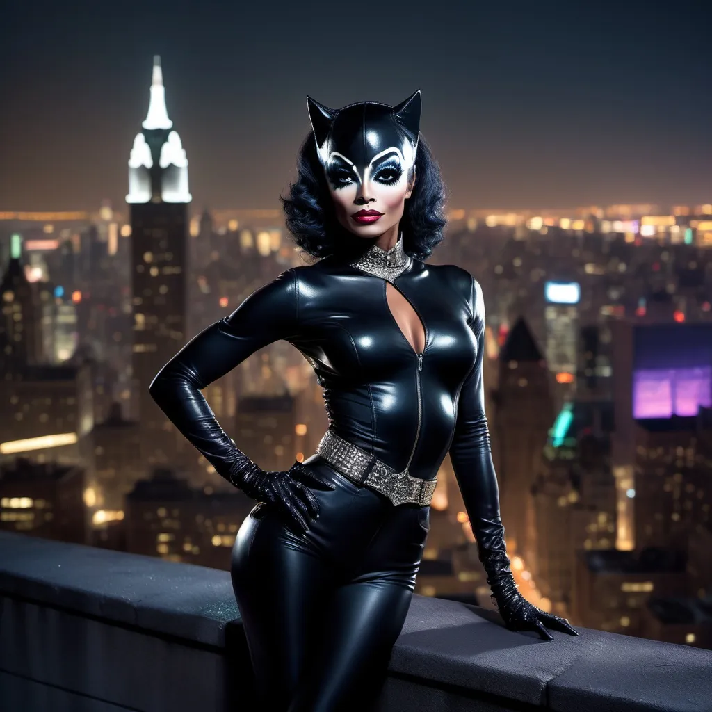 Prompt: Black Michael Jackson dressed as a 25-year-old gorgeous drag queen Catwoman posing on the ledge of a building, high above Gotham.