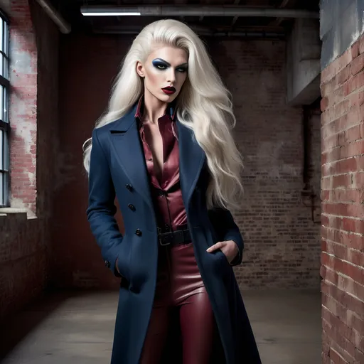 Prompt: Dramatic editorial fashion photograph in an industrial loft space, gorgeous muscular 25-year-old Czechian drag queen model (strong masculine jawline and brow features) with long luscious platinum blonde hair, dark eyeshadow, bearing  dark red lipstick, wearing a tailored Prussian blue wool coat with technical details, standing against a weathered brick wall painted battleship grey. Floor-to-ceiling windows, streaming natural light, contemporary furniture pieces in slate grey and black. Cinematic color grading, high fashion photography style, medium format camera aesthetic, inspired by Steven Meisel's work. 8K quality, photorealistic detail."