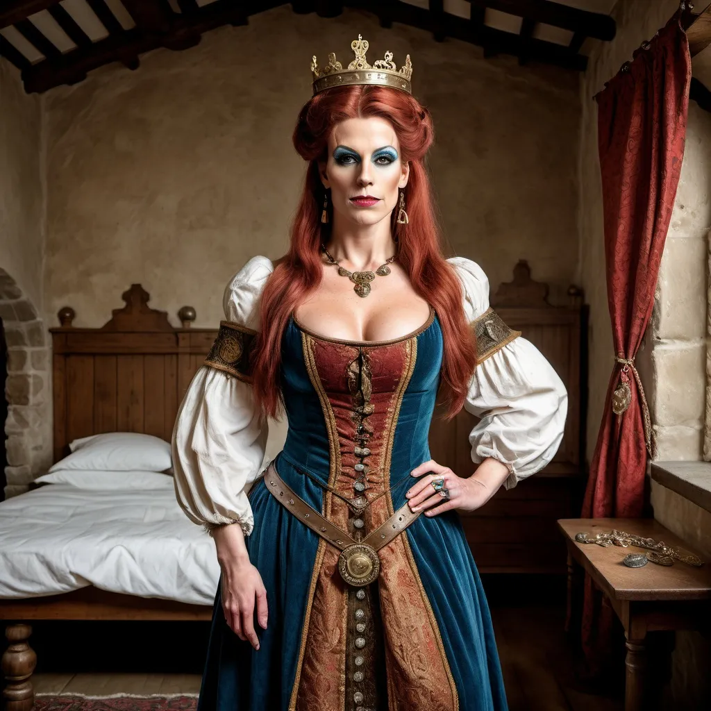 Prompt: A full length image of a gorgeous muscular 35-year-old noble drag queen of the Duchy of Bavaria in mediaeval Bavaria in 1350AD standing  in a Mediaeval bedroom. She has hair done in the Mediaeval Bavarian Irish style,. She is wearing Mediaeval Bavarian clothing of the period.  She is wearing Mediaeval Bavarian face and body jewellery and make-up..
