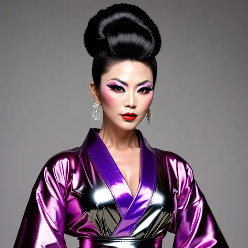 Prompt: The most beautiful muscular 35-year-old Japanese drag queen (with very strong masculine jawline and facial features) with stylish black shiny updo hair and large busom.  Wearing a sassy, cute, stylish, colorful kimono style dress and 8 inch platform stiletto high heel knee-high boots.  Dark eyeshadow,  dark lipstick,  heavy mascara. 