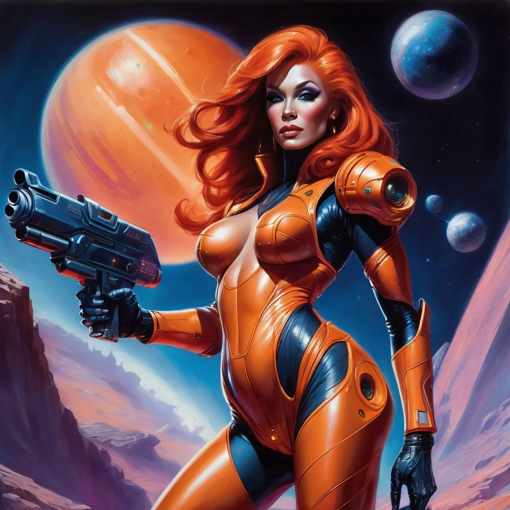 Prompt: fantasy in the style of julie bell, sci-fi, gorgeous muscular drag queen in form-fitting space suit, long dark orange hair holding a laser gun. alien planet in the background. 